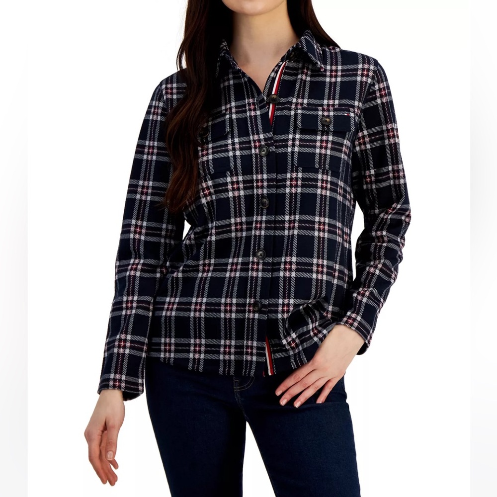 $100 Tommy Hilfiger Collar Plaid Shirt Jacket